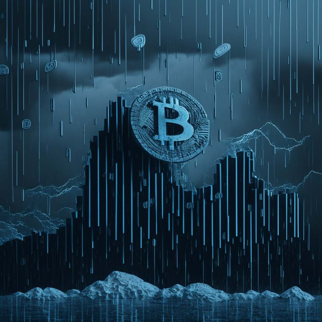 An abstract representation of cryptocurrency uncertainty, tiny Bitcoin icons against a turbulent, stormy background, hues of thunderous blues and greys depicting volatility. A single corporate building leaning under the unseen weight amongst a rain of falling bitcoin, indicating the pressure of debt management. Incorporate a looming deadline clock hinting at 2025, adding to dramatic tension, and foreground 3D graphs representing fluctuating Bitcoin prices, expressing an impending doom mood, in a surrealist art style.