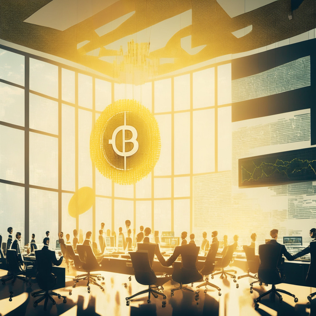 A lively corporate boardroom with modern architecture, flooded in bright, hopeful sunlight. In the centre, a large screen showing the Bitcoin logo surrounded by ascending graphs representing surge in earnings. Figures embrace the paradigm shift, admiring a large, golden Bitcoin, suspended in mid-air, reflecting the radiant light. The mood: optimistic but cautious, conveying the potential turbulence of a risky venture.
