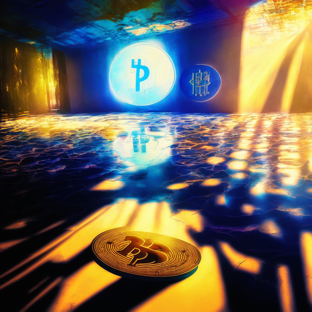 A dynamically lit, colorful exchange floor, full of energy. In the foreground, a diminished yet still shining XRP coin, reflecting some shadows of uncertainty but with gleams of promising rebound. On another side, a burgeoning BTC20 coin catches the rising morning light, signifying potential gains. The mood of the image is analytical, hopeful and tense.