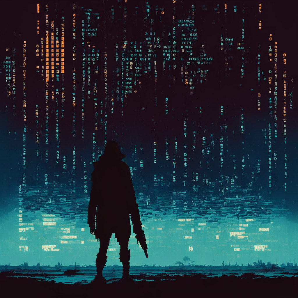 A digital battlefield at dusk, reflecting the mood of a high-stakes cyber assault, A pixellated figure, like a video game character, sifting through a sea of binary code, a daunting silhouette of a hacker looming ominously. The background awash with code and digital chaos, reflecting the turmoil. The atmosphere tense and chilling, artistically presented in a cyberpunk style.