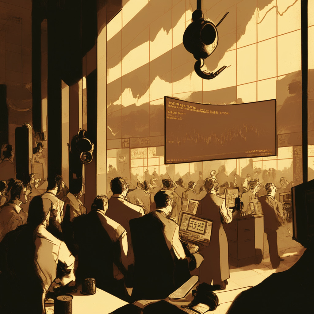 A postmodern depiction of a crowded stock exchange floor in sepia tones, where brokers anxiously monitor multiple screens showing economic indicators. Include metaphorical elements: a pendulum swinging and a pressure gauge indicating inflation and employment rates. Corner of the room, a looming hawk signifying monetary hawkishness. Outside the window, early morning light breaking through clouds, symbolizing hope but also uncertainty.