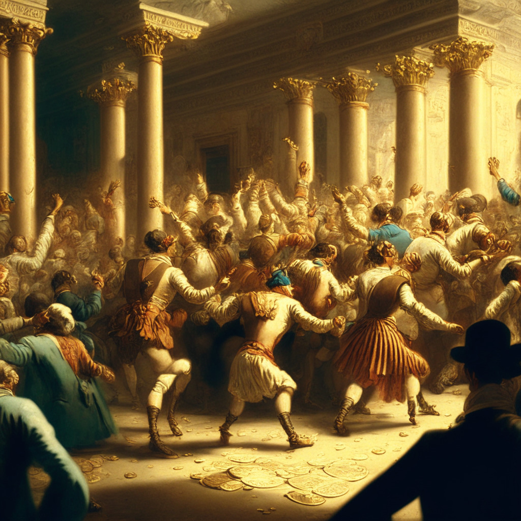 An intricately detailed digital currency trading scene, 18th century neoclassical style. Animated traders, transferring 'Mr Hankey Coin' across a bustling exchange floor, bathed in warm, success-colored light. A large number mimicking '$0.0028' floats above, marking the coin's remarkable rally. Sense of wary excitement, volatile yet promising. Immerse the scene in vivid light and shadow blend, adding depth to the dynamic ambiance of the image.