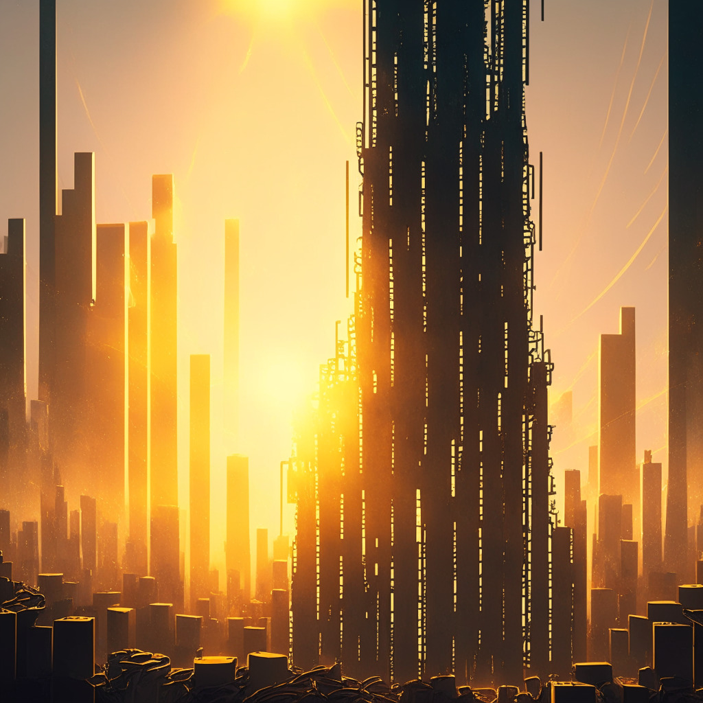 A dystopian cityscape showing towering servers symbolizing a blockchain, half bathed in sunlight representing decentralized structure, half in shadows epitomizing centralized control, the golden glow from the setting sun casting long shadows, evokes a mood of uncertainty. A phantom image of a fractured chain underlines the fragility of the system.