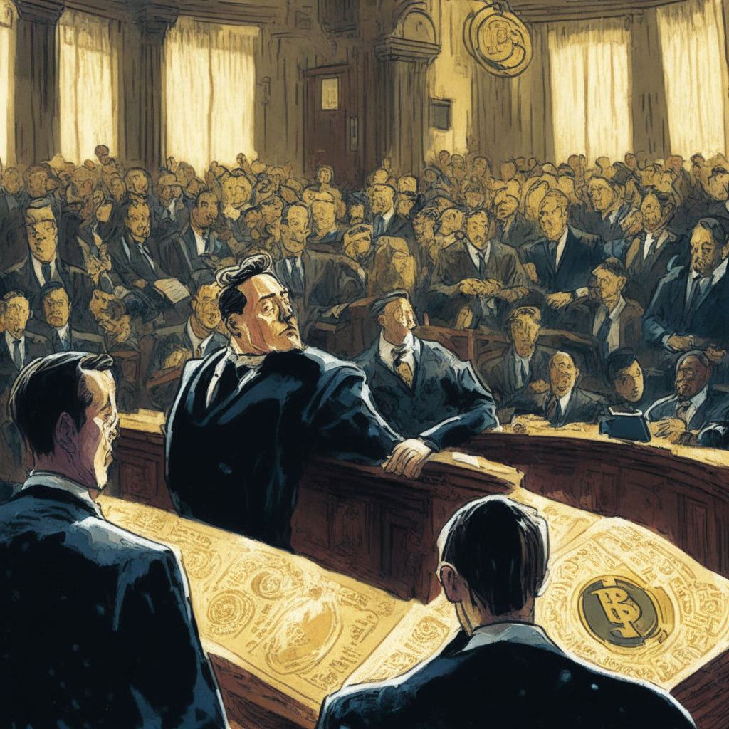 A courtroom filled with lawyers arguing about a massive cryptocurrency lawsuit, Elon Musk standing confident among them, bathed in the cool, sterile light of justice. The mood is tense yet resolute. In the background, abstract symbols of Dogecoin and digital currencies, represented in Van Gogh's swirling, expressive style. Farther back, an image of the Bank for International Settlements, looking robust yet cautious, contrasting against the innovative, dangerous world of crypto, painted in the style of a dramatic noir.