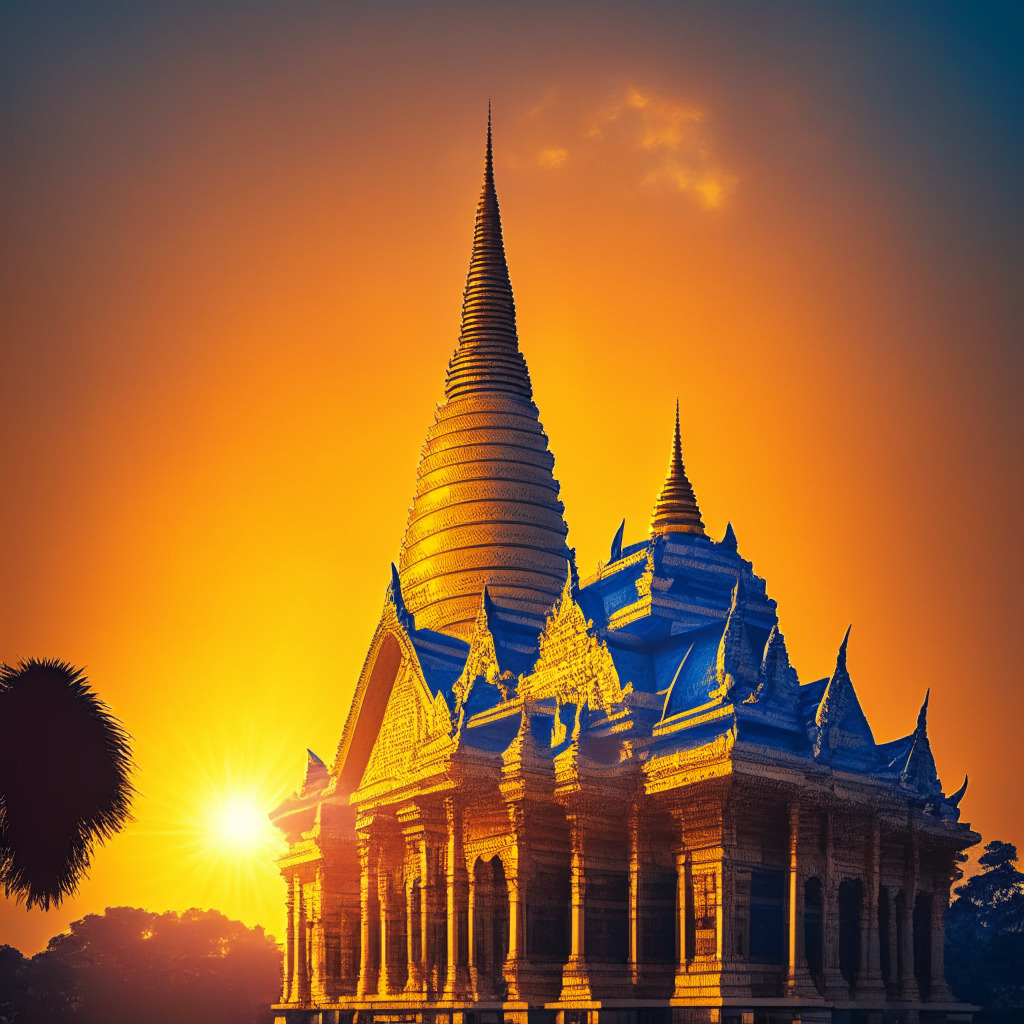 Sun breaking dawn over a robust financial institution, Myanmar's first cryptocurrency bank, designed in a traditional Asian architectural style. The sky is illuminated with warm and vibrant hues of an impending revolution. Decked in gold and blues, the bank radiates strength, stability, and tranquility. Visible from afar, a global network of interconnections symbolises the Web interface, imprinted with subtle blockchain motifs. The mood is optimistic, hope blossoming as the currency of the future takes root. The universe watches in anticipation, as this audacious leap towards financial liberation emerges.