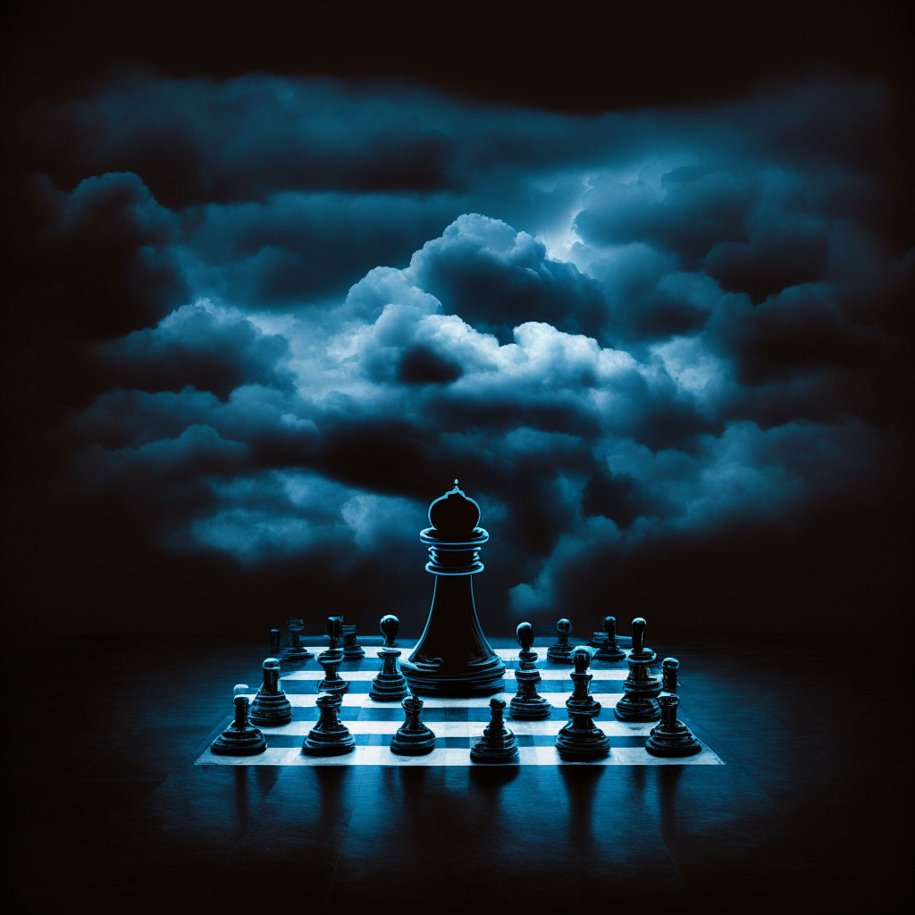 Dark, stormy clouds hover over a digital chess board, symbolising the volatile crypto market. A subtly glowing, fading neon NFT token in center represents the struggling startup. A confident yet melancholic figure, resembling Tom Brady peers with contemplation, embodying the trials, shifts in strategy, and disappointment conveyed in market downturn. Ghostly silhouettes of other celebs represent the scandal shadow, painted in a grim, foreboding Caravaggio style.