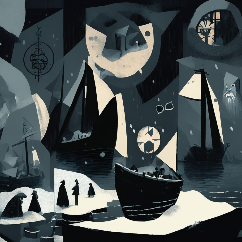 A winter-themed digital art scene portraying the decline of NFT market, abstract symbols illustrating prominent pieces like the Bored Ape Yacht Club and Azuki collection facing depreciation, faces of disgruntled communities, Rembrandt's chiaroscuro style, gloomy light setting highlighting the dip in enthusiasm, mood of disappointment, skepticism about NFT future.