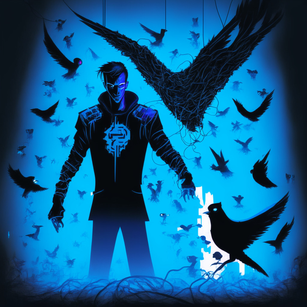 Dark cybernetic showdown, gloomy tech-noir style, strong, one-sided split lighting. On one side, an illustrative avatar of a YouTube gaming star, mid-transformation into a sinister figure with a shadowy ethereal phishing hook. On the other side, unsuspecting Twitter users, depicted with iconic blue birds caught in the hook. In the background, blockchain elements with traces of deception, infused with a sense of impending danger.
