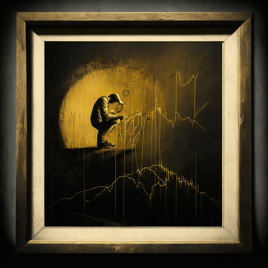 A weathered artist painting a once vibrant but now fading golden coin, framed by a backdrop of descending line graph, in a surrealist style reflecting uncertainty, dramatic contrast between light and dark symbolising market volatility, with a mood of melancholia.