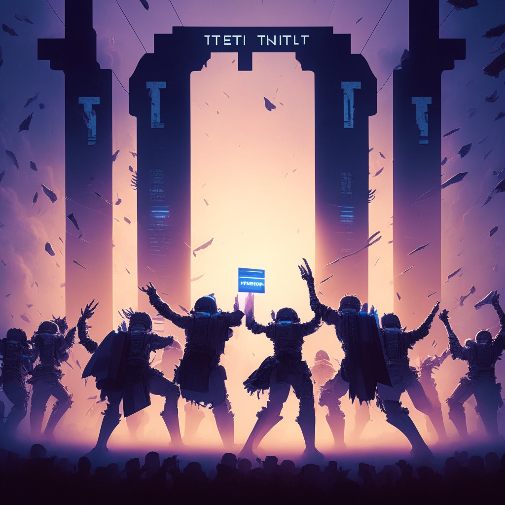 Dramatic, Dusk-Lit Tech Battlefield: A group of futuristic warriors clutching NFT tickets emerging from a portal, ready to confront massive, looming traditional ticketing giants, representing Get Protocol’s challenge in the ticketing industry, rendered in cubistic style. The overall mood - defiant yet hopeful.