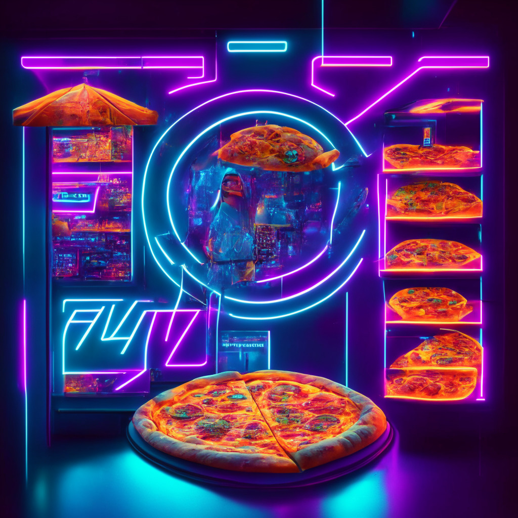 A futuristic digital marketplace lit by soft, neon lights. An NFT token with pizza and a luxury handbag represented on its face, symbolic of the food industry. Artistic blockchain elements subtly integarted, representing authenticity and traceability. The mood, optimistic yet wrapped in a layer of mystery, reflecting the potential of this technology.