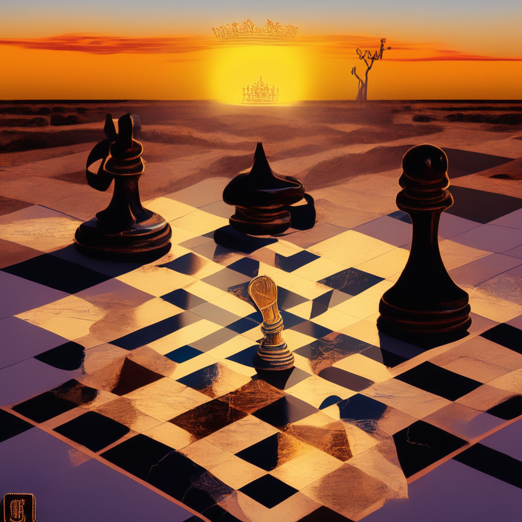 A striking image of Namibia's landscape bathed in sunset hues, intermixed with abstract symbols of cryptocurrency, a gavel, and a chiseled law book manifesting the Namibia Virtual Assets Act of 2023. In soft, chiaroscuro light, subtle undertones depicting money laundering, terrorism, and market abuses dimmed. A chess board layout representing the game of regulation and innovation, displaying the duality of this digital finance industry.