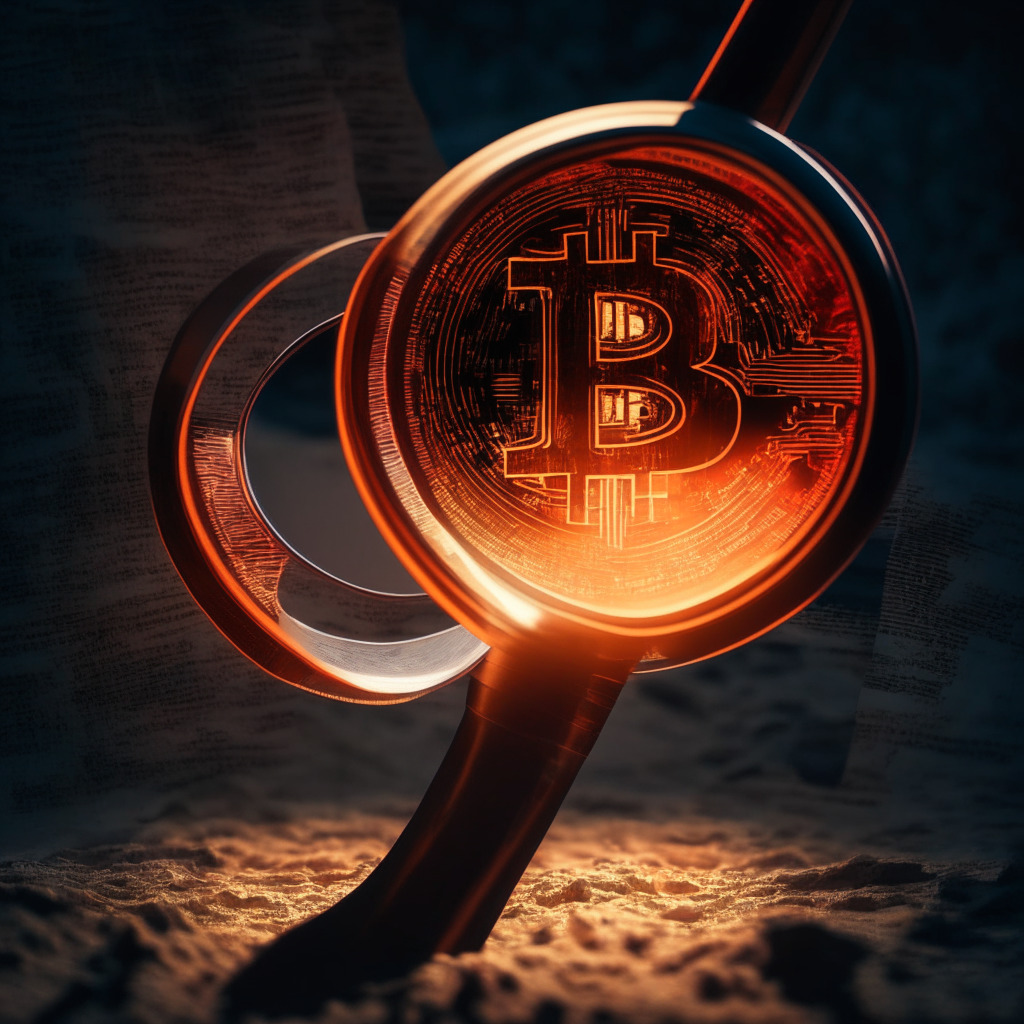 Dusk setting under a magnifying glass highlighting cryptocurrency icon on a plain surface being overlooked by a big metallic shadow, detailed representation of thick red tape entangled around, Chiaroscuro lighting effect with the focal light source on the magnifying glass, a palpable atmosphere of uncertainty and intrigue, digital artwork in impressionistic style, mood of the image - brooding and contemplative.
