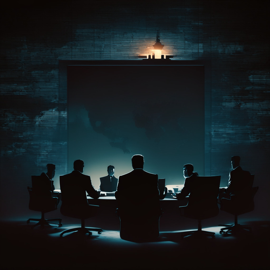 A somber scene in a dusk-lit corporate boardroom, illustrating a pivotal meeting deciding the fate of a now-abandoned cryptocurrency venture. Dark, contrasting shadows on executives' faces, signifying regulatory challenges and uncertainty. A glowing laptop screen displaying a halted digital currency logo subtly represents the missed opportunity. Mild abstraction style, tense atmosphere.