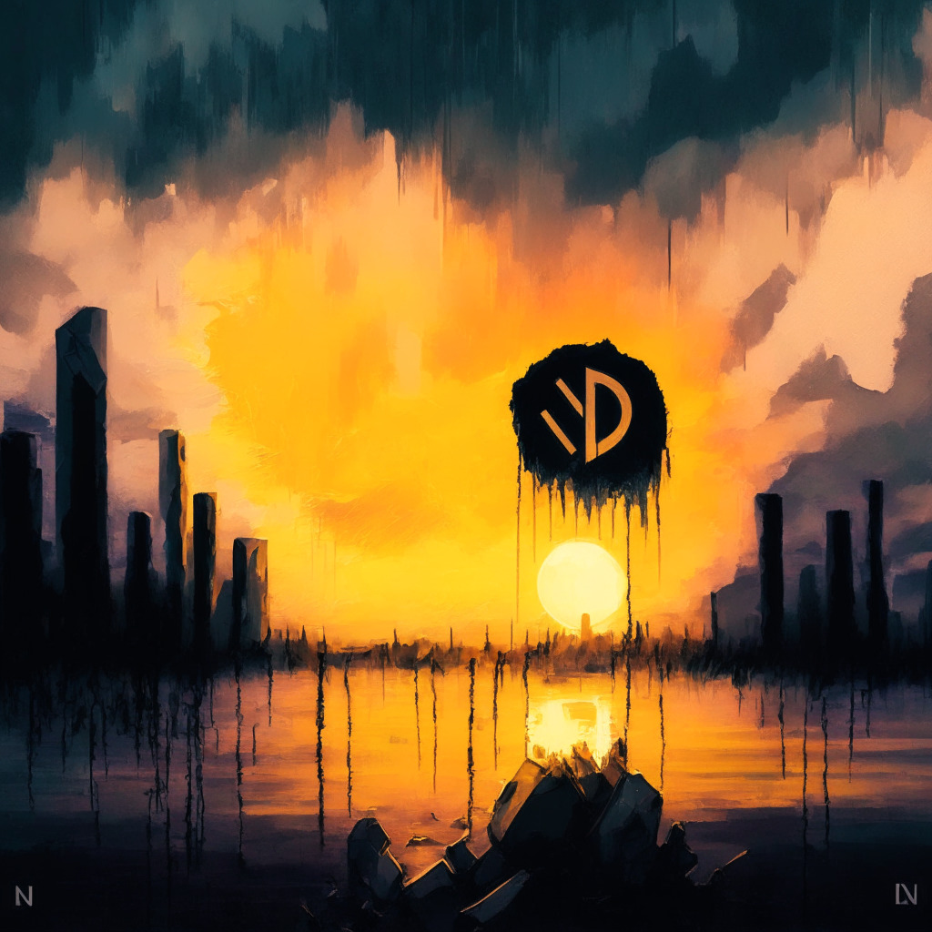 A symbolic representation of the Nasdaq withdrawal from crypto custody juxtaposed with emerging cryptos, depicted in an abstract expressionist art style. A hazy sunset setting indicating the ending of Nasdaq's partnership and a new dawn of opportunities for crypto contenders. The scene should convey a moody, atmospheric image representing resilience, ambition, and the volatility of the crypto world.