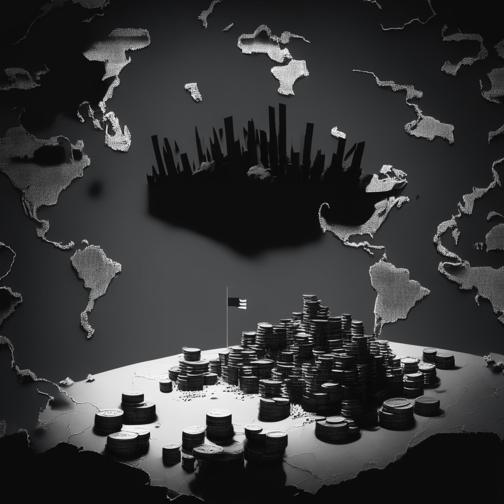 A grayscale image of the Australian continent depicted as a digital fortress. Dramatic spotlights cast ominous shadows, representing the security measures taken by National Australia Bank. Crypto coins scattered around, some caught halfway into the fortress walls, shows blockage of certain exchanges. The artistic style evokes a noir-like mood, signifying high-risk, security threats and stern preventive actions.