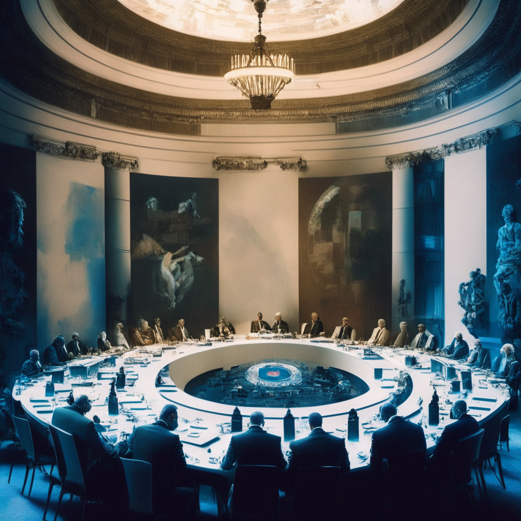 A large round table surrounded by diverse figures representing US senators, AI experts and defense officials bathed in warm light, engaged in deep discussion. The tone is serious yet hopeful, the walls around them featuring futuristic AI imagery mixed with classical Washington D.C. monuments. A balance of soft and strong colours symbolises the delicate interaction of regulation, innovation, and security within AI technology.
