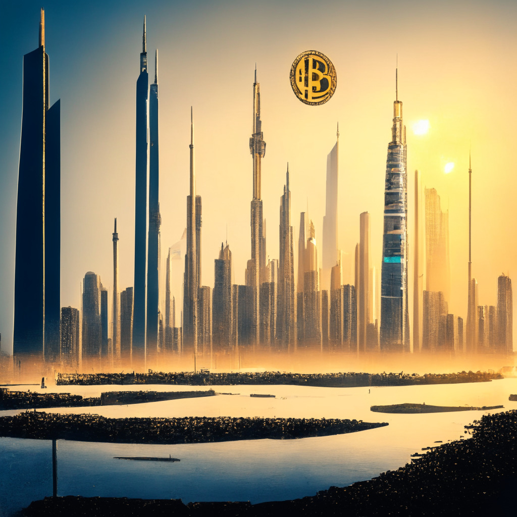 An early morning landscape of Dubai's skyline, cryptocurrency symbols abound as if part of the architecture. Dawn light dapples the scene in hues of optimism, showing Binance's partial regulatory victory. A bridge incomplete in the foreground symbolises the pending final regulatory phase. In the background, darkened global landmarks indicate unresolved global regulatory challenges. Artistic style: semi-realistic, Mood: cautiously triumphant.