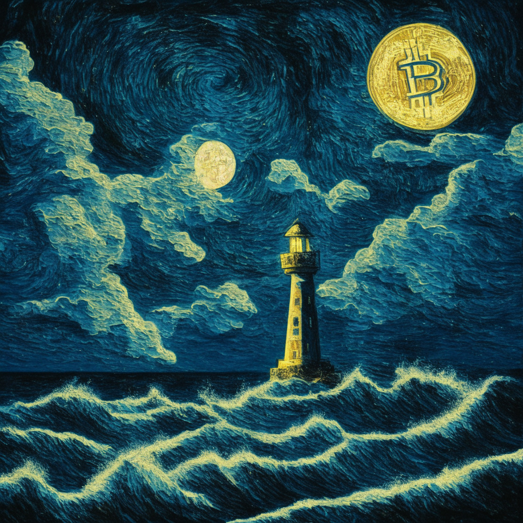 An abstract, Van Gogh-style starry night, showing a golden Bitcoin navigating turbulent sea of other cryptocurrencies under a moonlit sky. The sea represents the stock market, with high waves symbolizing volatility. Near the horizon, a $31,000 lighthouse beckons. The sky, filled with brooding clouds, hints at a bearish market trend, vis-à-vis a daily candle. Mood: cautious optimism, suspense.