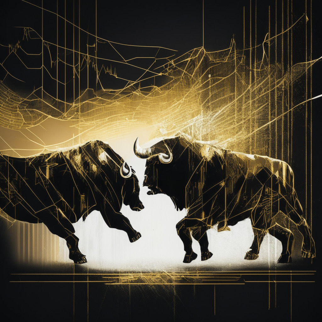 A digital artwork depicting a bull and bear locked in an intense battle on a graph of fluctuating lines, symbolizing Bitcoin's price volatility. The color palette is a moody monochrome with hints of gold and silver, representing the cryptocurreny market. The precise style is abstract-expressionistic, making use of angular shapes and brushstrokes reflecting turmoil and anticipation. Light rays emanating from a depiction of a governmental building at the corner indicate the looming Federal Reserve's decision. This image exudes a sense of subtle intrigue and suspense.
