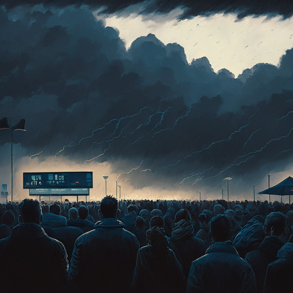 A moody, impressionist-style market landscape at dusk - a packed crowd of investors look anxiously at a fluctuating digital screen showing Bitcoin's price nearing the $30,000 threshold. The tension is palpable. In the distance, strong and dark storm clouds loom, casting a shadow over the scene, symbolizing uncertainty and risk of the volatile market.