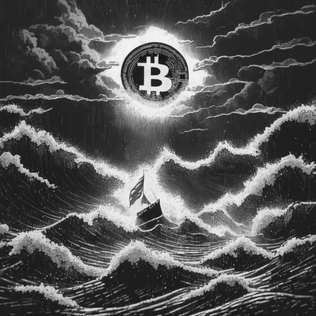 Stylized illustration in high-contrast, film noir style, spotlighting an unfathomable, tumultuous ocean representing the uncertainty of the Bitcoin market. Include symbolic figures symbolizing the SEC, the ETFs, and buoyant Bitcoin. Imply impending storm for the Q3, casting ominous shadows on water’s surface.