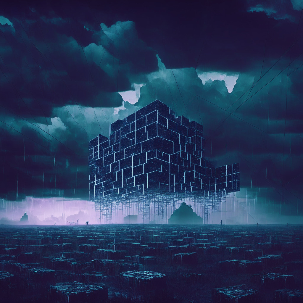 A digital dystopian landscape at dusk, symbolizing the blockchain universe. In the foreground, ghostly ethereal shapes signifying vulnerable crypto contracts. Mid-ground, a transparent grid-like structure representing decentralized finance protocols, under an ominous stormy sky, signifying risk and security threats. Deeper shadows mark a rogue transaction trail leading to a fortress-like structure, a metaphor for an exploit. The scene is illuminated by a pale ethereal light, casting an uneasy, tense mood.