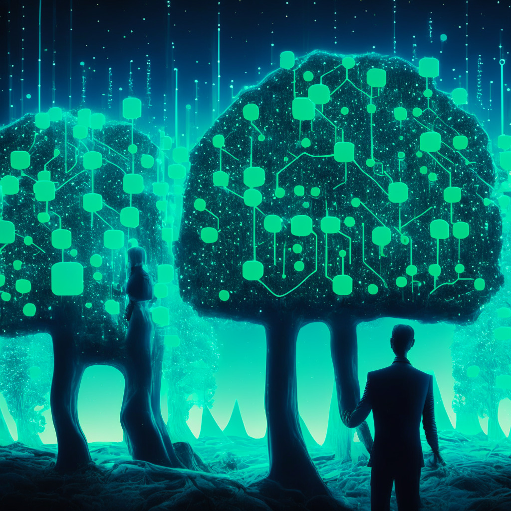 A futuristic scene illustrating the Canadian push in blockchain advancements, bathed in Northern Lights' luminescent glow. Features a strategically growing digital tree, stylized with interconnected jade nodes, symbolizing an intricately constructed blockchain. Reinforced by authoritative figures compositing a regulatory framework, their faces blurred by a sense of global uncertainty. The mood is optimistic but cautious, balancing hopes and risks.