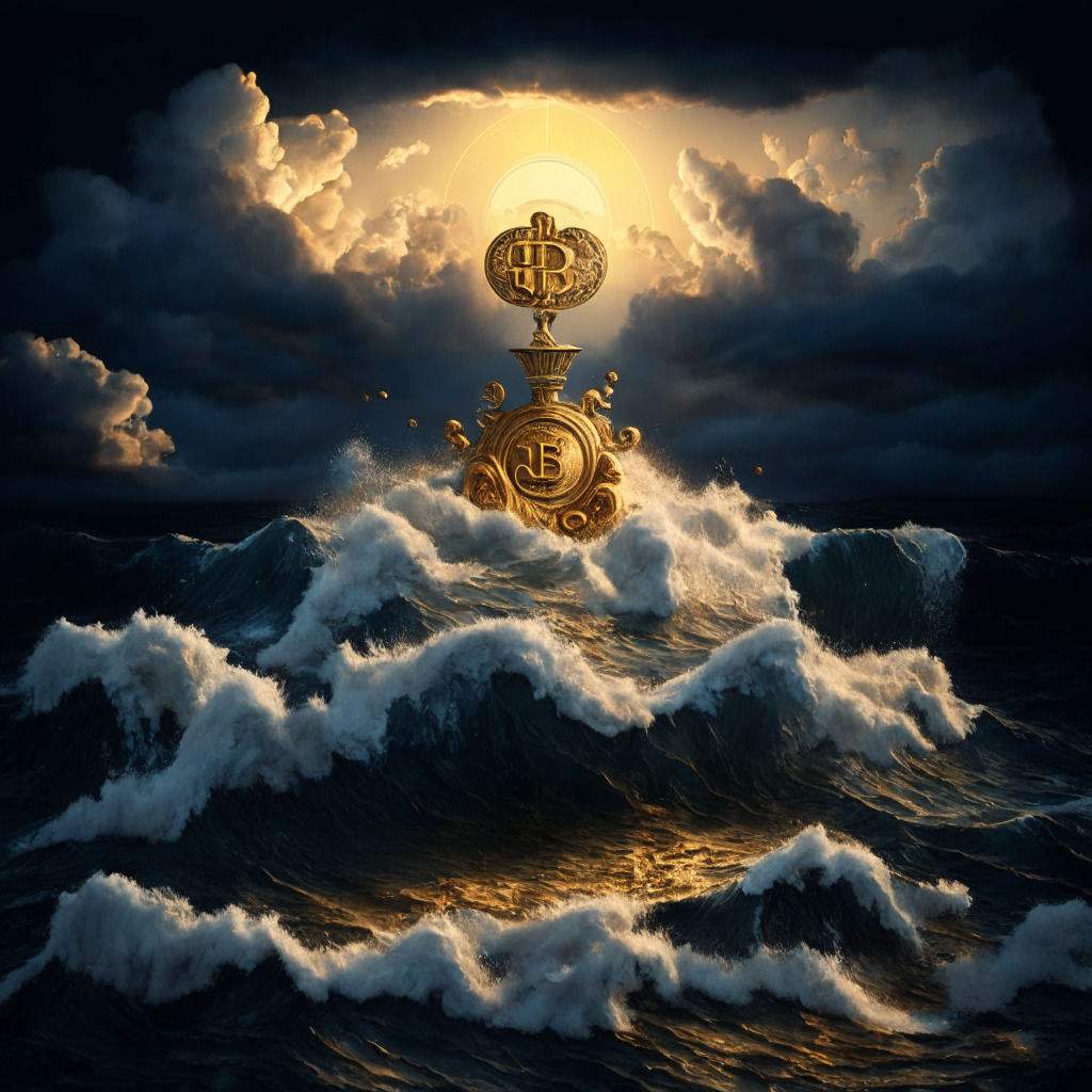 A tumultuous ocean under a stormy sky, symbolizing the volatile cryptocurrency market. Amid the waves, a golden Bitcoin coin stands steadfast on an ornate pedestal, representing Bitcoin's resilience. On the horizon, a rising sun, medium-light, casting an ethereal glow that paints a promising future. It's a fusion of Baroque and Futurist styles, the mood is intense yet hopeful.