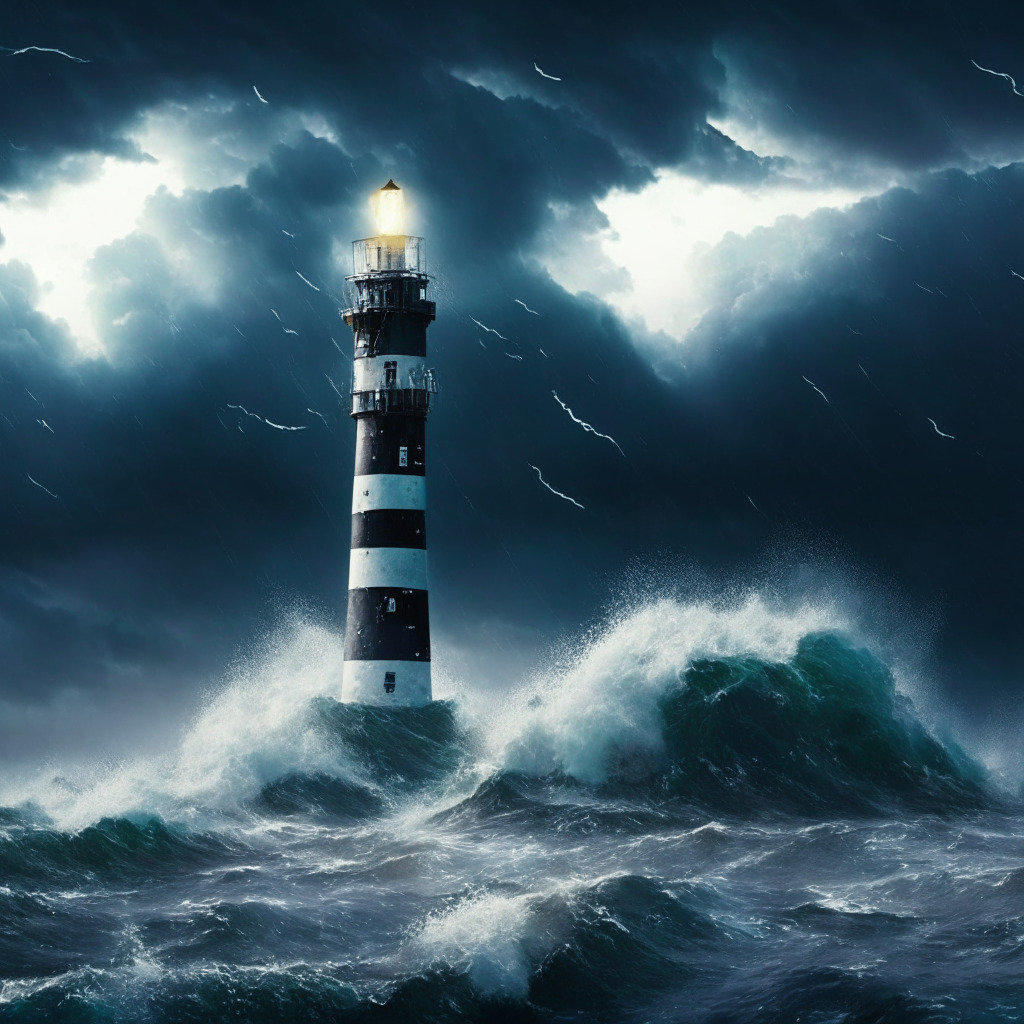 A turbulent sea under a stormy sky, symbolic of the crypto market crash. A solitary lighthouse in the distance, exuding a soft glimmer of hope, represents OPNX's remedial promise. Hovering bankruptcy papers metamorphosed into glowing tokens, cascading towards a safe haven boat, embodying the concept of tokenization. In the foreground, a cautious sailor exemplifies the risk involved. Utilize a chiaroscuro light technique to amplify drama, light serenely dancing on tumultuous waters and subtle textures, encapsulating the mood of uncertain optimism.