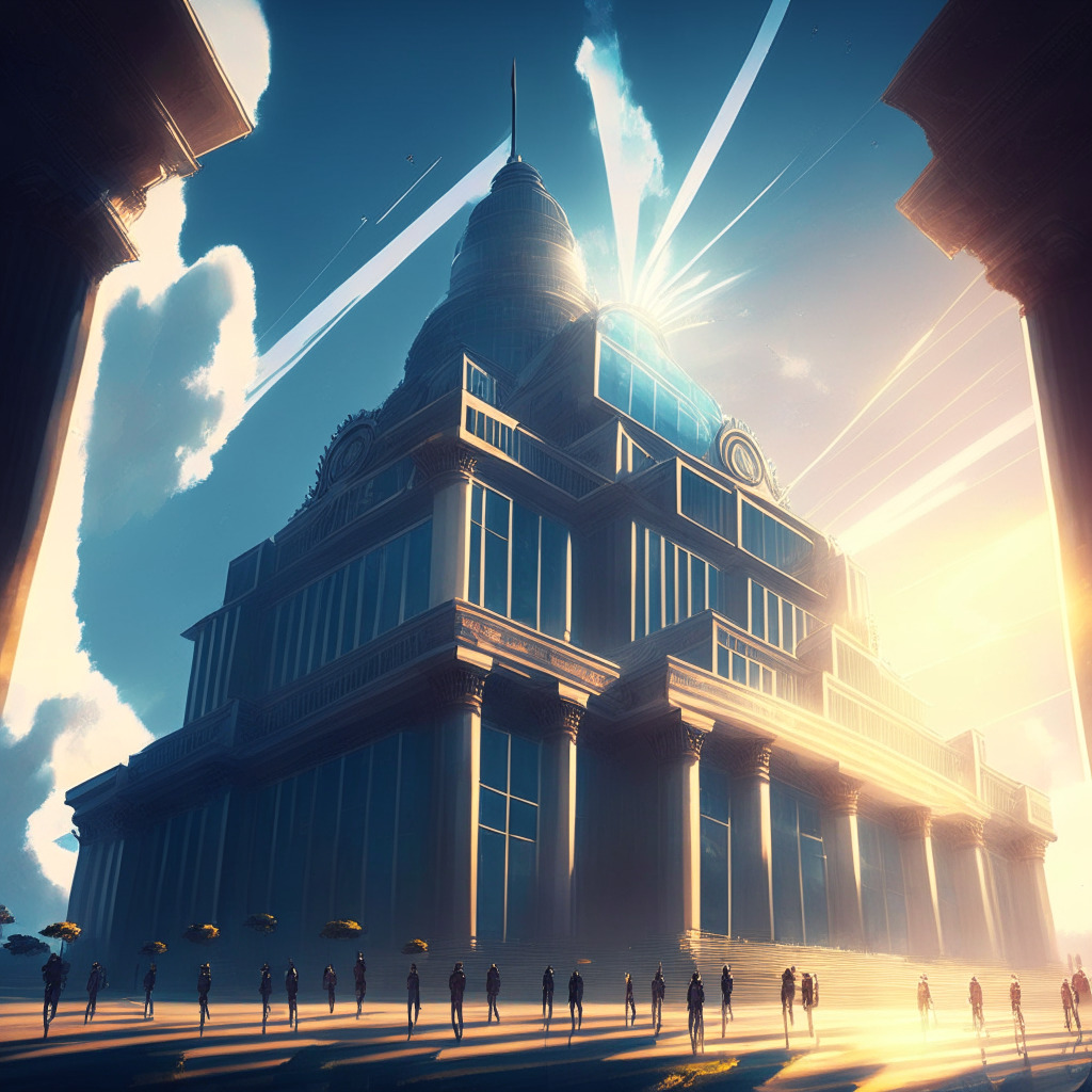 A grand, Gothic-style government building stands under a bright, sunlit sky. A strong sense of clarity and anticipation permeates the air. Around it, transparent, futuristic holograms of cryptocurrency symbols float, while a group of diverse, determined officials discuss intensively. On the horizon, a dawn of regulation emerges.