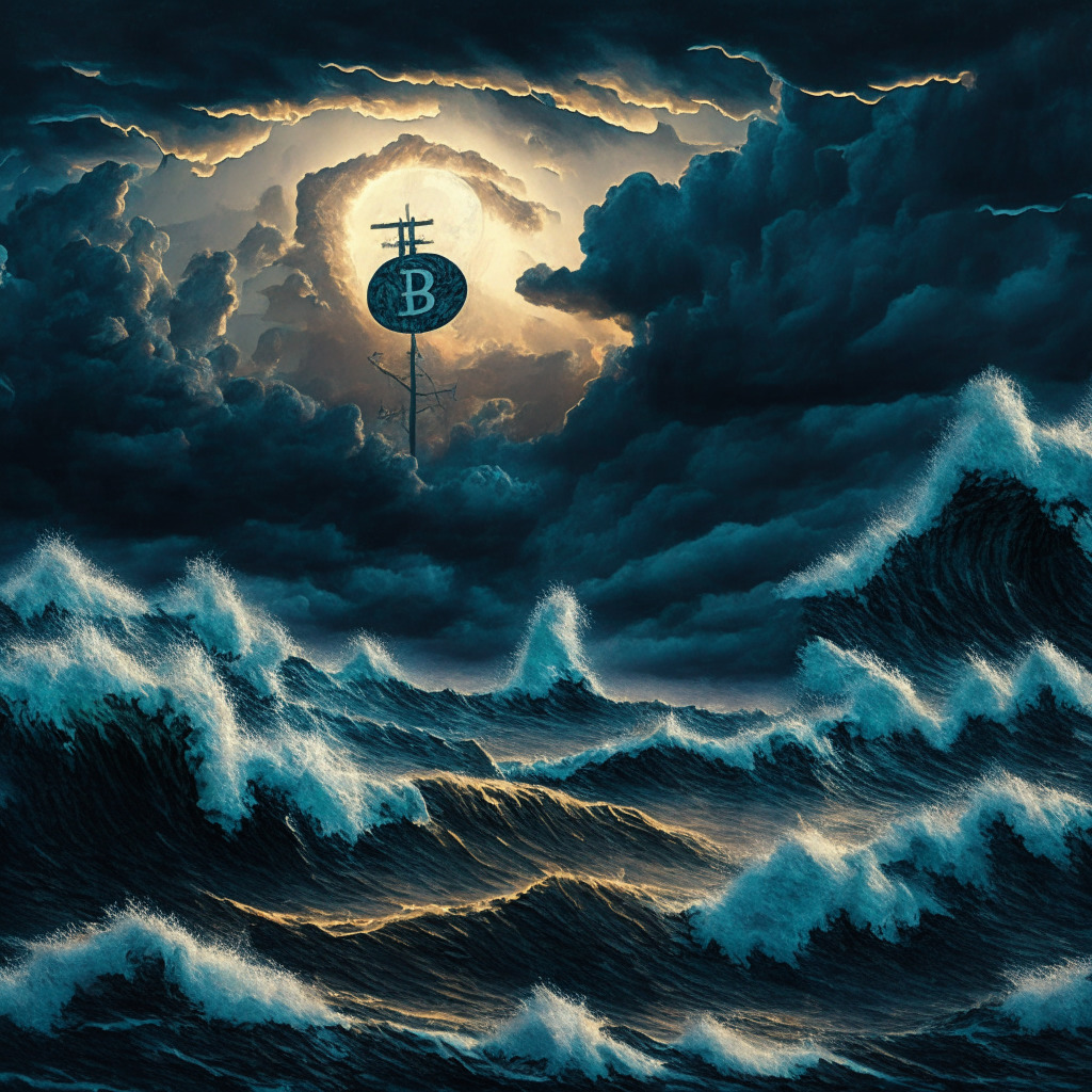 A challenging seascape at twilight, a fleet of cryptocurrency tokens, highlighted by Bitcoin and Ether, ride high waves with determination. An ominous storm, symbolizing unstable macro-economic factors and rate hikes, looms, casting foreboding shadows. Overhead, a gloom-piercing beacon, a symbol of cautious optimism from FOMC. On the far horizon, banks remain steady amidst turbulence. Mood is tense, yet hopeful. Artistic style: Realism.