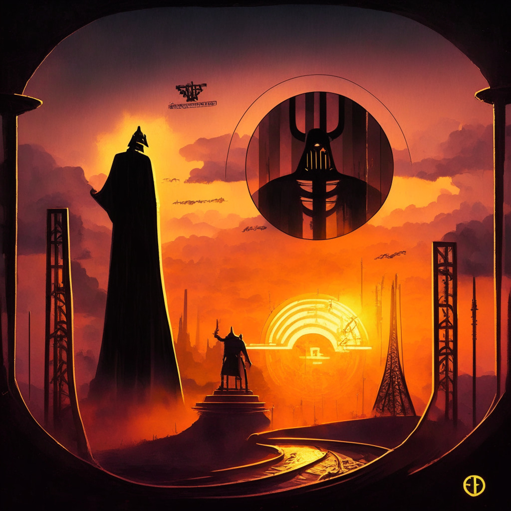 Surreal financial landscape, roller coaster denoting the wild swings of the crypto market,VADER token portrayed as a shady silhouette, Wall Street Memes token glowing as a beacon of hope. Mix of Renaissance and modern realistic art style,melancholic sunset light illuminating the scene,Muted pastels with stark contrast between shadowy VADER and luminous WSM, mood of guarded optimism.