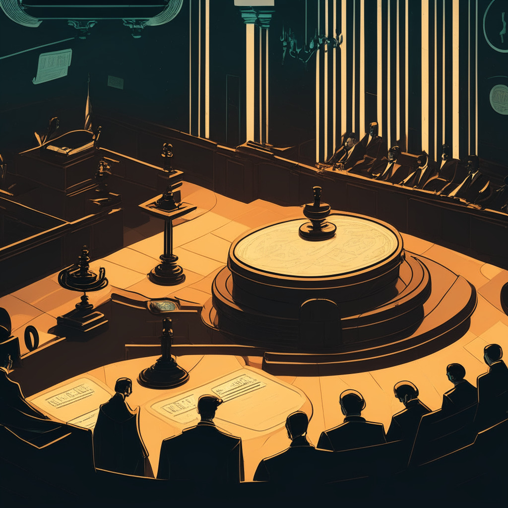 A dimly lit, opulent courtroom, symbolic weighing scales in the center, one plate with digital coins, another plate with legal documents. Congressman voicing concerns, official regulators listening intently. A subtle, cool color palette, reflecting the tense, yet hopeful mood. Undulating blockchain lines subtly integrated into the background, no logos.