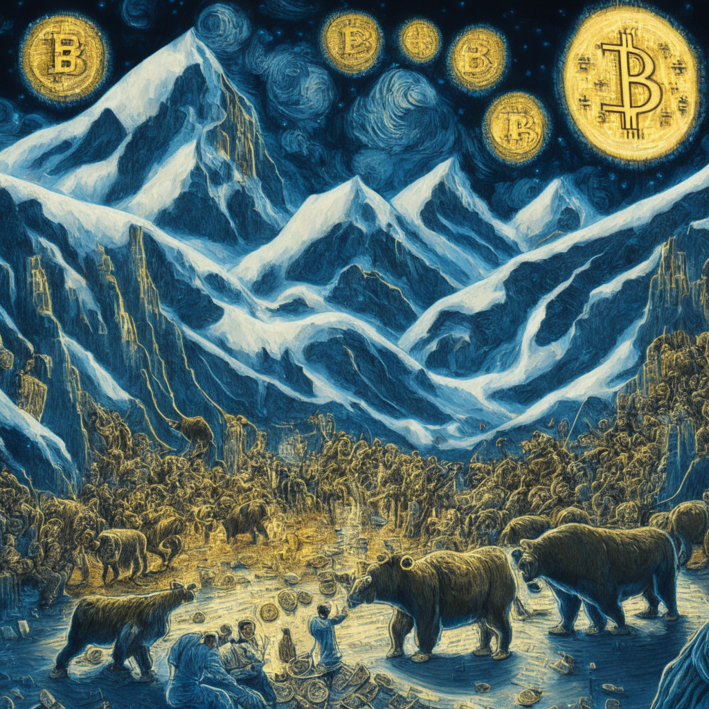 A bustling cryptocurrency market scene, seen with Van Gogh's Starry Night artistic swirls, full of ups and downs. In one corner, a bear representing BNB perpetual futures dipping, while opposite, a bull, signifying the unconventional rise of 1inch. Center stage is a group of miners, working under the steep peaks symbolizing Bitcoin's escalating hashrate. Smaller details show CELO’s 7% climb mimicked with a miniature mountain range. The image exudes an uncertain mood, the volatile lighting alluding to the unpredictable dynamic nature of this landscape.