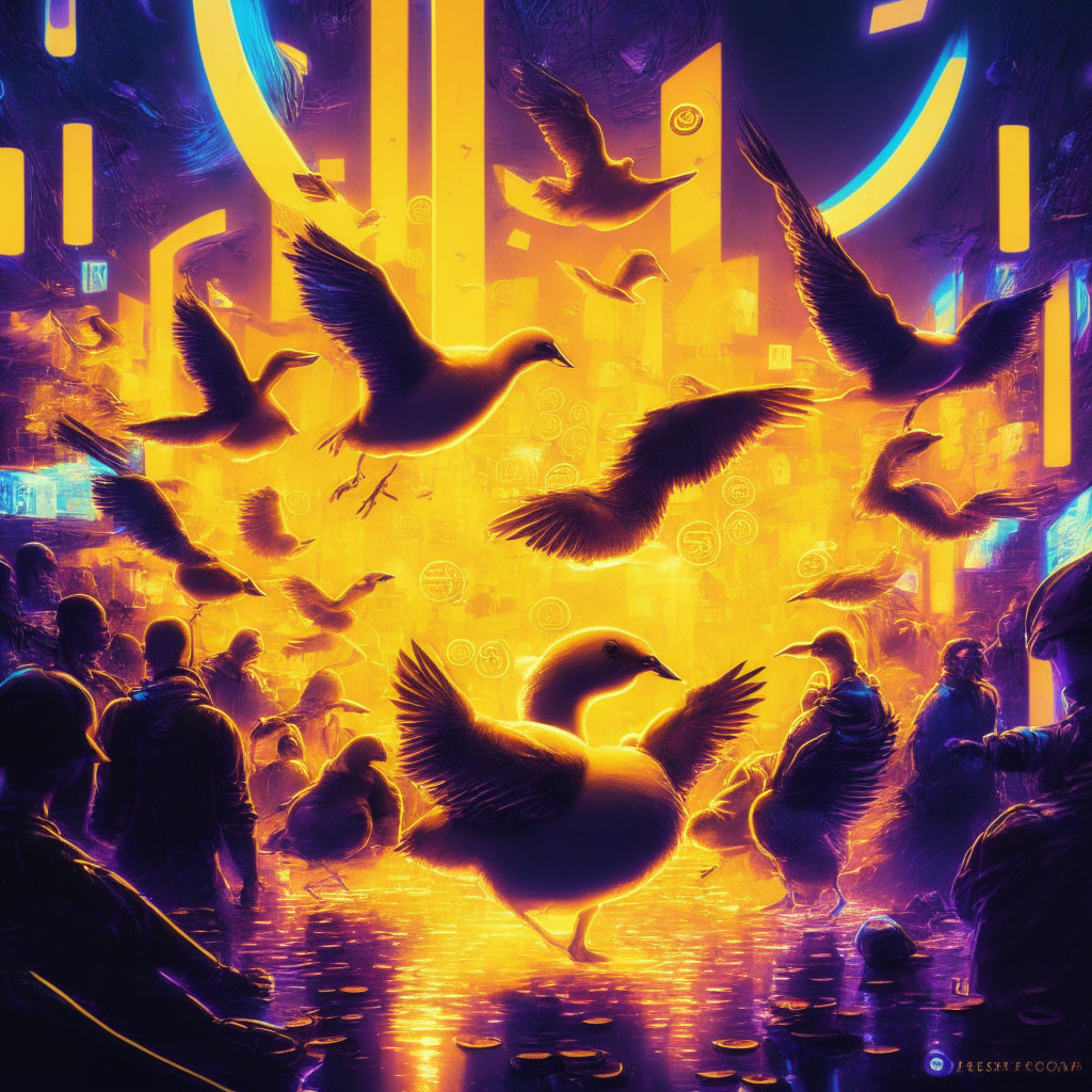 A bustling digital market scene under neon lights, metaphorically encompassing a thriving crypto community. Highlight an emerging crypto asset as a golden duckling taking flight amidst other shadowy coin silhouettes, signifying a potential high-value cryptocurrency. Express the mood as a mix of thrill and cautious optimism, capturing the volatility of investments. The style, futuristic, with abstract deformations symbolizing extensive market research and strategic teamwork. Backdrop, a larger, ethereal whale to represent the overarching influence of Crypto Whale Pumps.