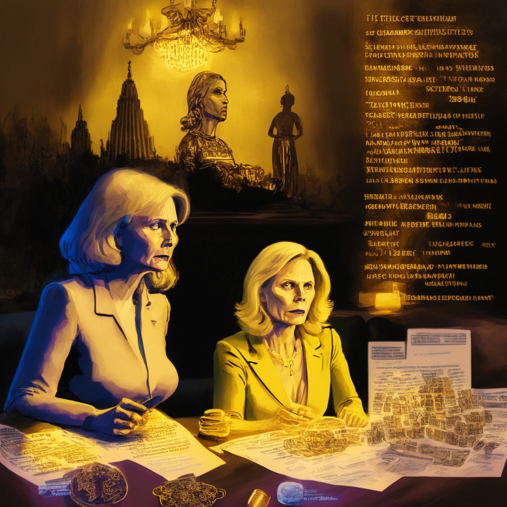 A detailed scene depicting US Senators Cynthia Lummis and Kirsten Gillibrand in discussion over a document titled 'Responsible Financial Innovation Act', surrounded by symbols of digital assets and traditional commodities like gold, under a harsh artificial glow suggesting uncertainty, painted in a realist style with an underlying tone of seriousness.