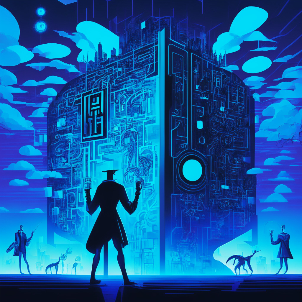 Conceptual scene of an intricate digital realm, a mixture of Futurist and Cubist art styles, filled with cybernetic shadows representing rising cyber threats. Spotlight shines on bold figure embodying cryptocurrency experts, holding an oversized padlock denoting sturdy online security practices. Mood is tense yet enlightening, under a somber twilight blue sky.