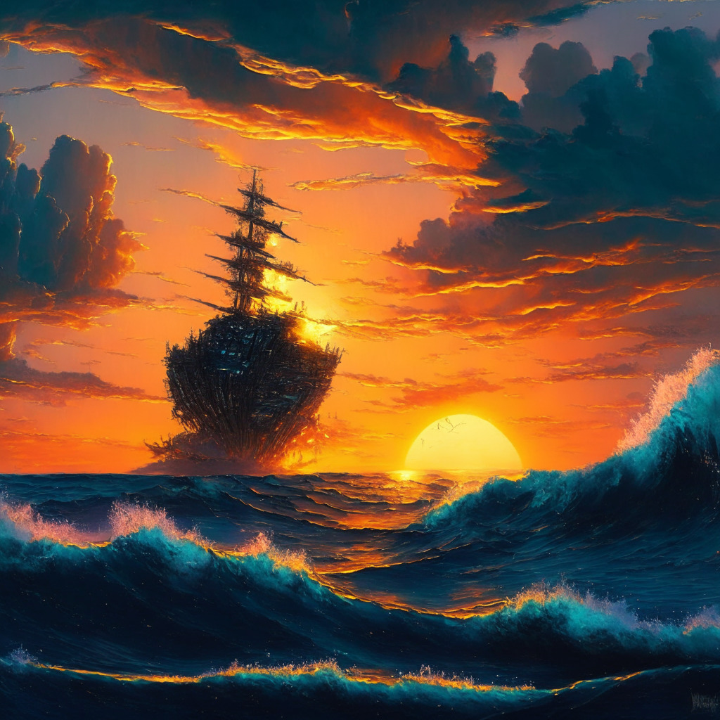 An elaborate seascape at sunset depicting a futuristic, robotic ship named 'Binance' navigating choppy crypto waters, casting large waves lit by the fading yet resilient glow of promise. The horizon shows signs of a storm – a metaphorical downturn – yet the skies also hold emerging stars, symbolizing new traditional finance giants. Faint traces of a stranded ship, representing premature exits, add an eerie undertone. The art style is soaked in realism with a touch of cyberpunk elements that encapsulates the unpredictable yet hopeful future of cryptocurrencies.