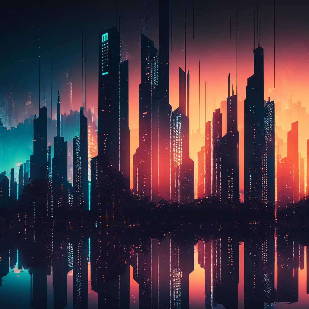 A futuristic cityscape at dusk, bathed in both warm and cool shimmering lights, reflecting the fascinating, yet volatile world of digital currencies. Glassy high-rises symbolize market trends & figures. Silhouettes illustrate a thriving blockchain community. Enigmatic mood, with nuanced elements of neo-noir aesthetic; portraying the unpredictable nature & allure of fintech.