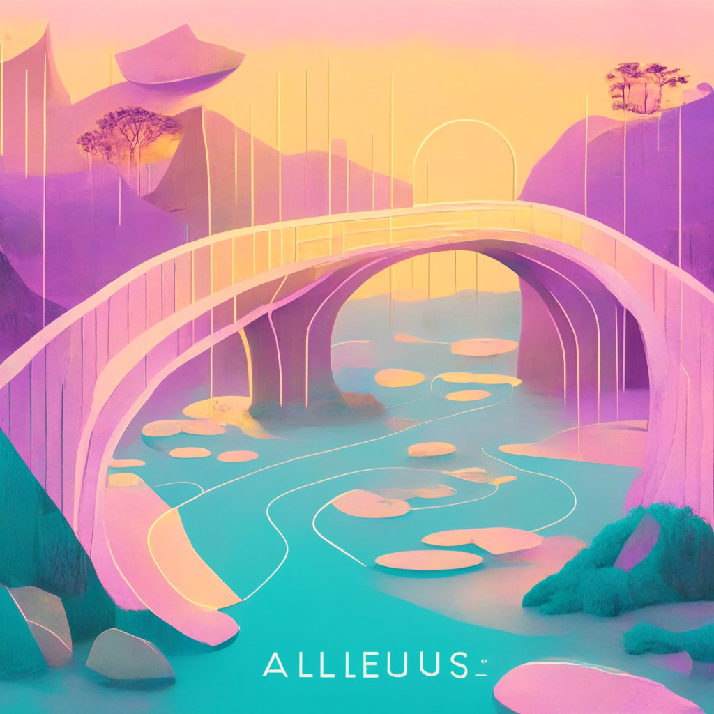 Pastel-hued abstract representation of blockchain technology, a looming bridge connecting a traditional coin-shaped land to a modern, cubistic crypto landscape. Warm twilight lighting, gentle transition denotes unifying role of Atlendis Flow. Visible KYC papers and DeFi motifs enhance complexity, vibrant private debt market hint at allure for non-crypto businesses. Soft, evolving mood suggesting a hopeful future for blockchain adoption.