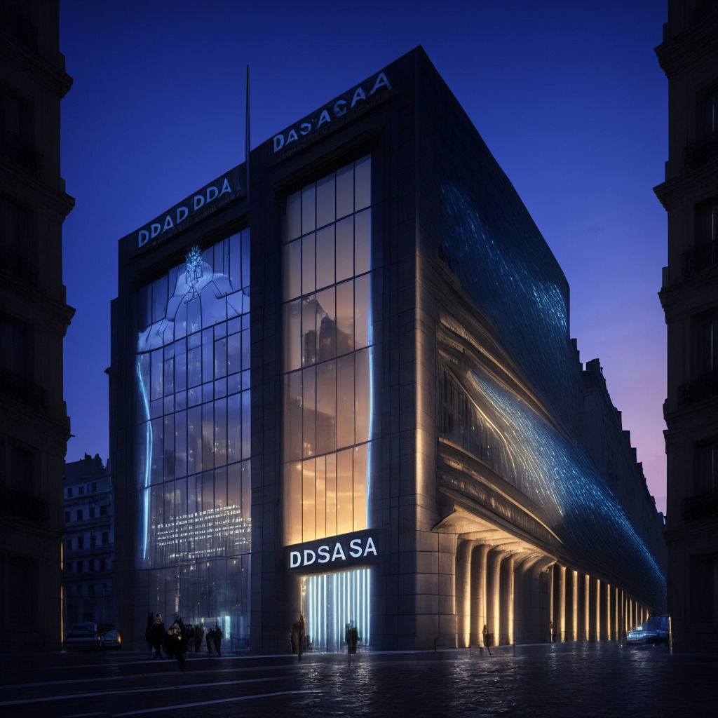 A French cityscape at dusk with a large, futuristic bank building overlooking cobblestone streets. Inside the building's glass walls, holographic tickers display real-time cryptocurrency rates. A large digital certificate, symbolizing the DASP license, is engraved on the front of the building. The scene emits a feeling of accomplishment, prestige, and anticipation for the future, combining elements of contemporary and neo-gothic architecture. The overall mood is serious, secure, and regulated.