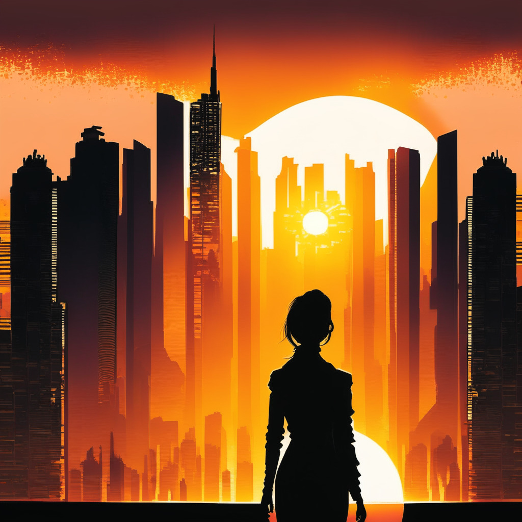 Sunrise over a digital cityscape, reflecting the rise of a new era in the crypto world. In the foreground, silhouette of a determined woman, symbolizing Zhe Constance Wang, transitioning from one skyscraper - representing FTX - to another, embodying Sino Global Capital. A trail of light connects the buildings, depicting Wang's noteworthy career move. Artistic style: Cyberpunk-noir, capturing the evolving business dynamics, unpredictable challenges and resilient industry growth.