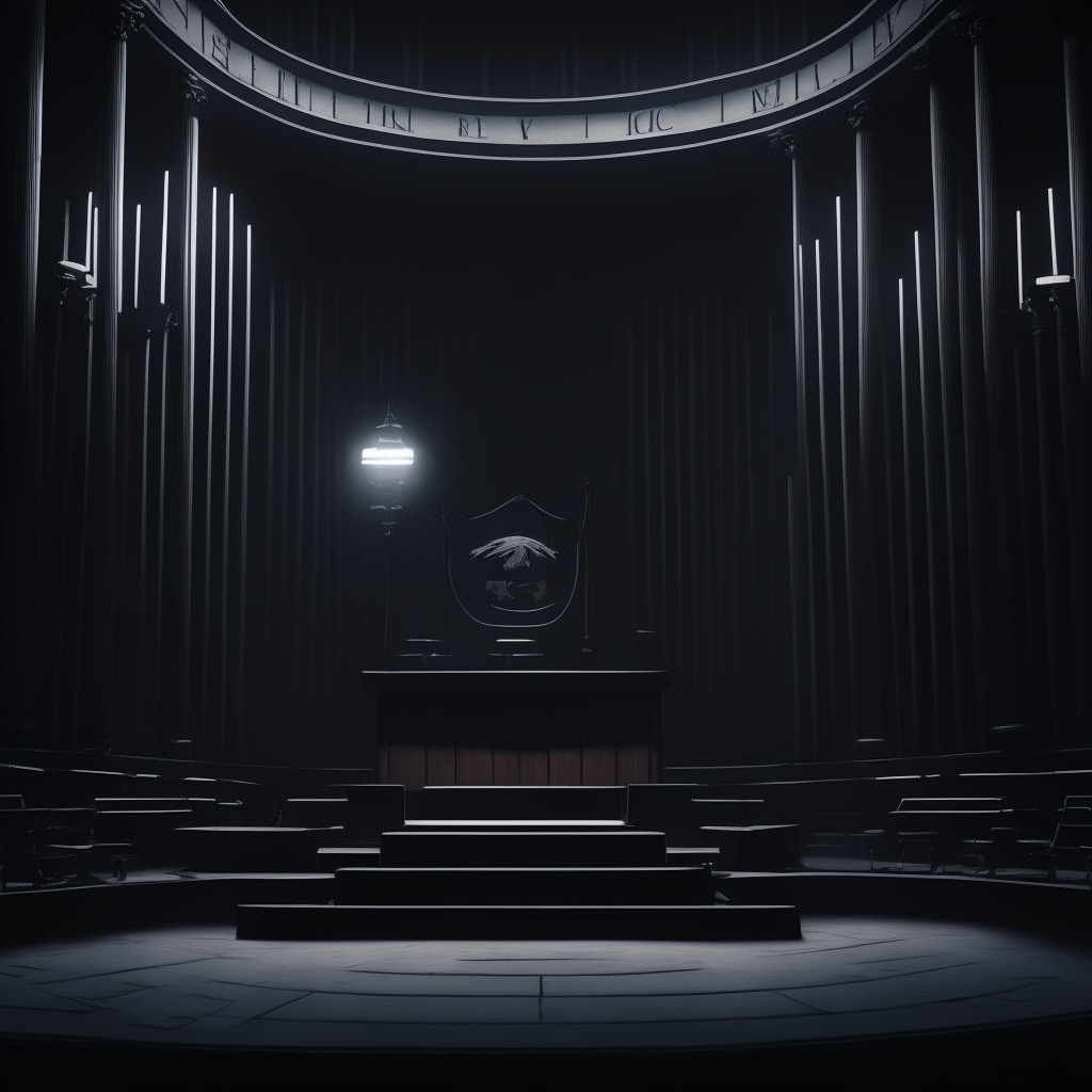An ominously dark courtroom, signifying Meta's legal battle in Australia, a gavel mid-strike representing the $14 million fine. Desolate, a single candle flickers, symbolizing user data transparency. A digital background, in matrix coding style, portrays covert data collection. On the other side, a gleaming silver cryptocurrency coin, South Korea's government insignia embossed, surrounded by safety gear, radiating a sense of protection and regulation, highlights the contrast between innovation and security.