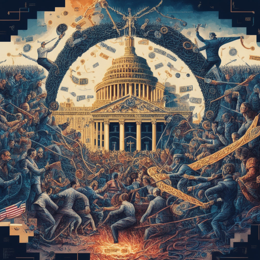 An intricate artwork illustrating a metaphorical tug-of-war battle between the US Congress, represented by a diverse group of people, and a symbolic representation of the SEC, portrayed as an institution on the other side. The scenery is set against a backdrop of a complex blockchain network, with bitcoin and other cryptos floating in the air. It's painted in a modern, abstract style, evoking a sense of tension and urgency. The light setting is a fading sunset, marking the end of an era and the beginning of new regulatory landscapes. The mood is a combination of tension, expectation, and hopeful optimism.
