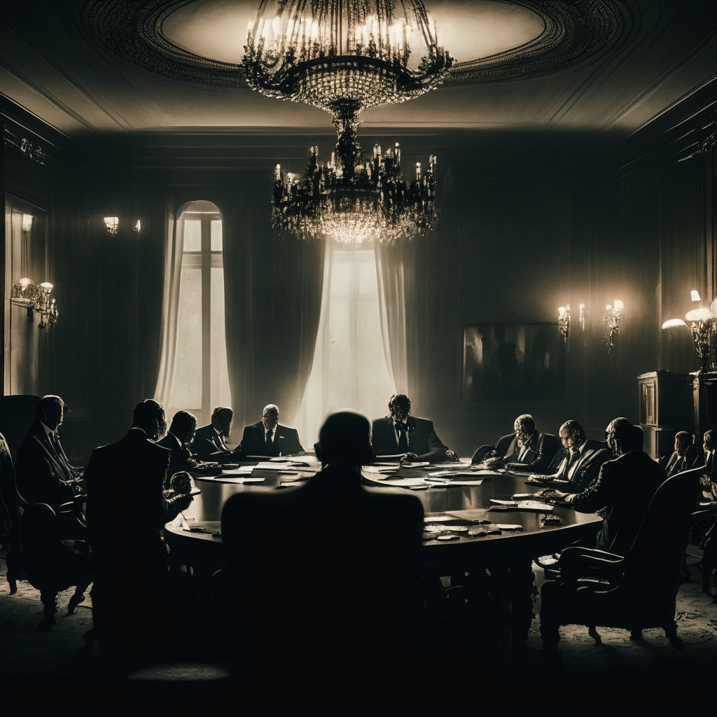 An opulent business meeting in a grand European style boardroom, filled with cryptographs, blockchain codes and legal documents scattered in a somewhat chaotic yet purposeful manner. Bold, distinct shadows and soft, directional lighting denote determination and progression. The image carries a tense atmosphere of resilience, bureaucratic challenge mirrored with a sense of optimism and anticipation. Elements of German, Dutch, and EU landmarks subtly amalgamated into the room's architecture to signify strategic focus on regulatory compliance.