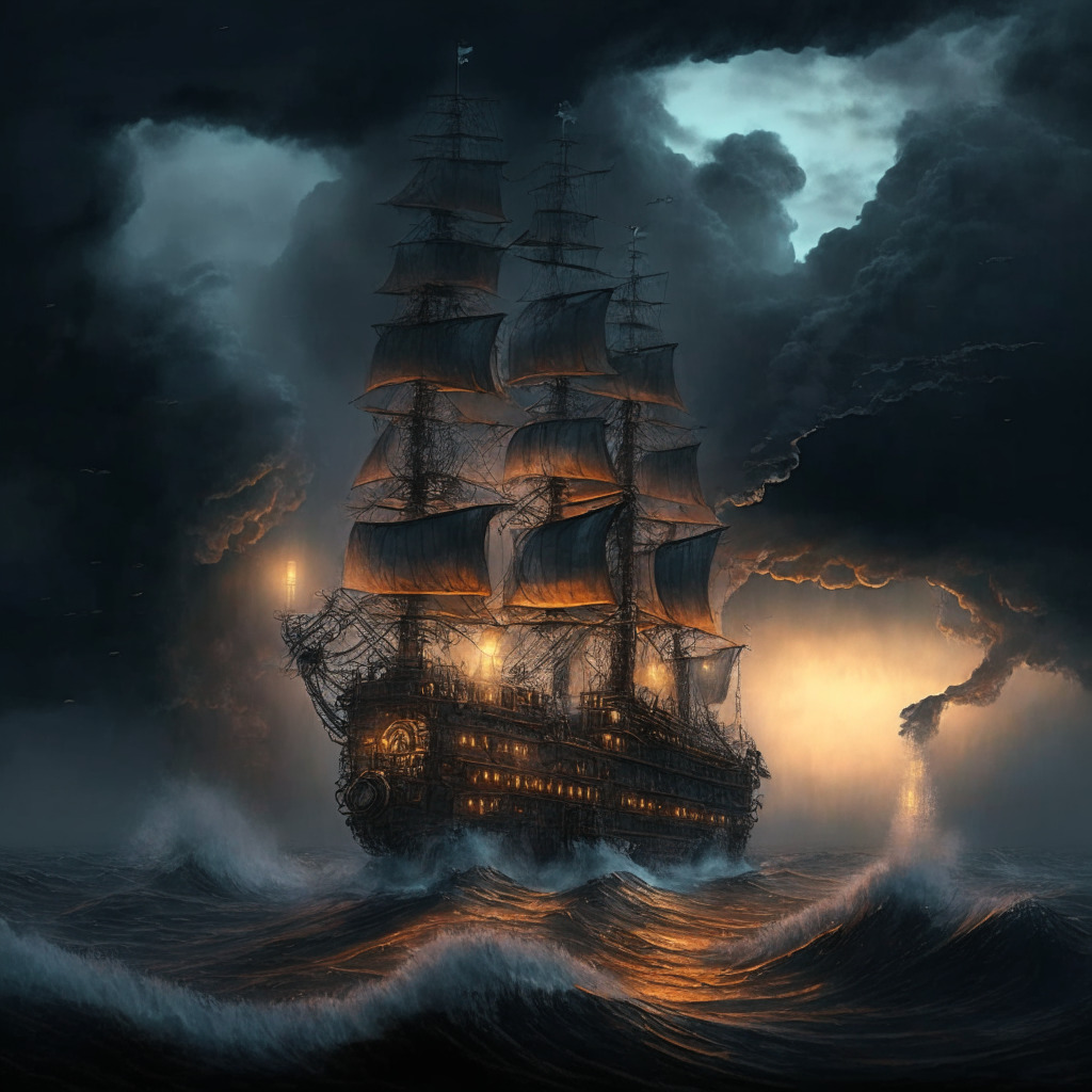 A steampunk-inspired Bitcoin mining ship navigating stormy seas under moody, dusk light. High waves represent record challenges, while the ship's sturdy build intimates resilience. Columns of smoke billowing up into the grey, cloudy sky symbolizes hurdles and operational costs, the faint light on the horizon signals optimism about Bitcoin's future amidst a turbulent market.