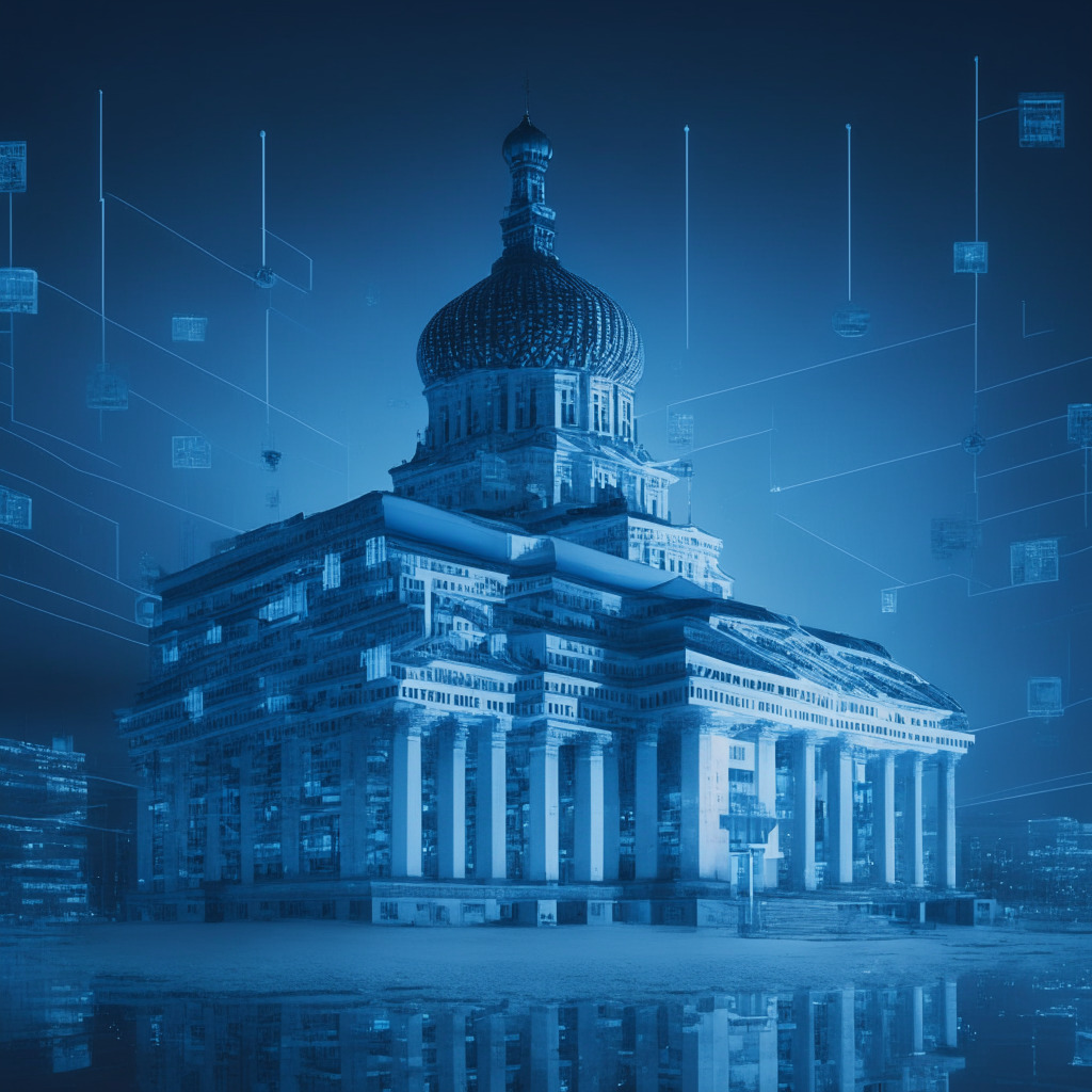 A digital representation of Russia's financial landscape at twilight, bathed in cold, pale blues. Foreground showcases a Russian Central Bank edifice, imposing and firm, co-existing with ethereal images of digital rubles orbiting around it. Mid-ground, a platform, a metaphorical representation of the upcoming CBDC trials, detailed, complex, transacted upon by miniature figures signifying commercial banks. Background, ominous silhouette of 'cryptocurrencies' lurking, subtly hinting at their contentious existence. Image tailors a cryptorealistic style infused with elements of surrealism, exuding a mood of curiosity and apprehension.