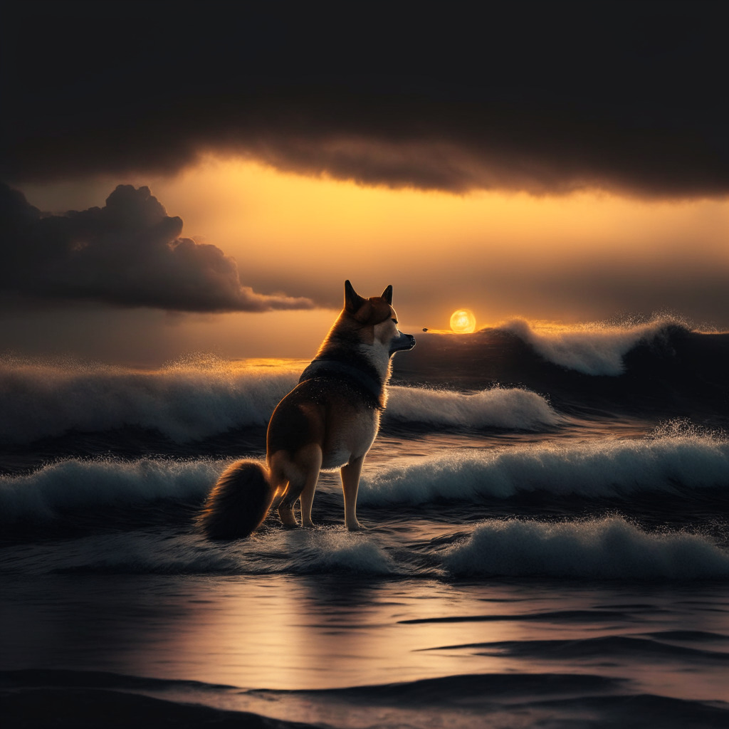 Dark, stormy seascape at sunset, with an underdog Shiba Inu dog standing bravely against the tumultuous waves, symbolic representation of falling crypto values. A faint glimmer of sunset breaking through ominous clouds, indicates hope and emerging innovations. Minimalistic style, with focused lighting on the dog and sunset, subdued, contemplative mood.