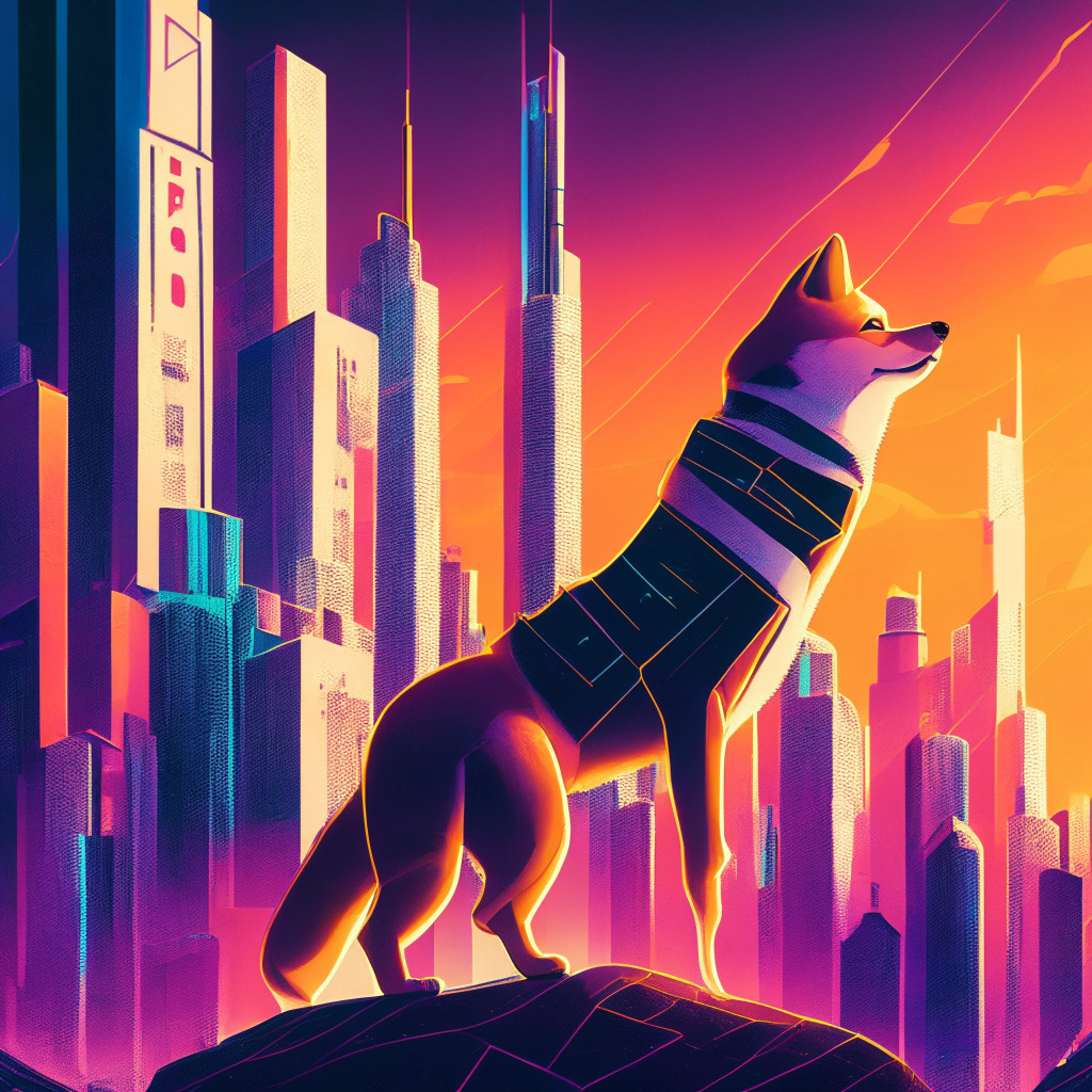 A futuristic city where skyscrapers represent 'cryptocurrencies'. In the foreground, a bold Shiba Inu dog, representing the respective cryptocurrency, stands on an upward trending slope, symbolizing volatility. The city seems to oscillate between twilight and dawn symbolizing fluctuations. Artistic style - futurism with neon accents. Mood - tense, uncertain.